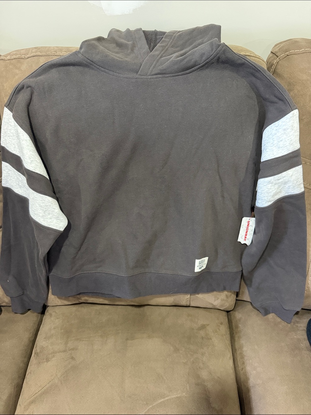 UNIONBAY Woman’s Dark Gray Hoodie Sweatshirt with Light Gray Sleeve Stripes